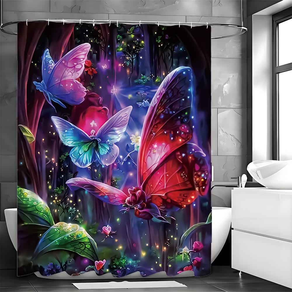 Enchanted Forest Fantasy Butterfly Shower Curtain, Bathroom Decorative Shower Curtain, Waterproof Shower Curtain with Hooks