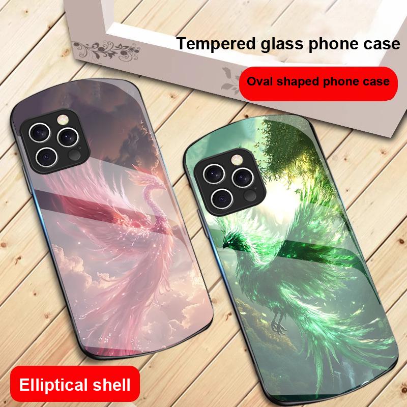 Golden Phoenix Unfolding For IPhone 16 Pro Max 16e 15 Pro 14 13 12 Mini 11 XS Max XR 7 8 Plu SE 22 Elliptical Glass Phone Case