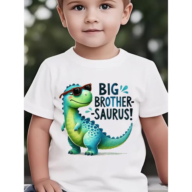 

European sizes Children Boys BIG BROTHER SAURUS Dinosaur T-Shirt with T-Rex Graphic & Saurus Lettering - Casual Short Sleeve Round Neck Tee for 164cm білий
