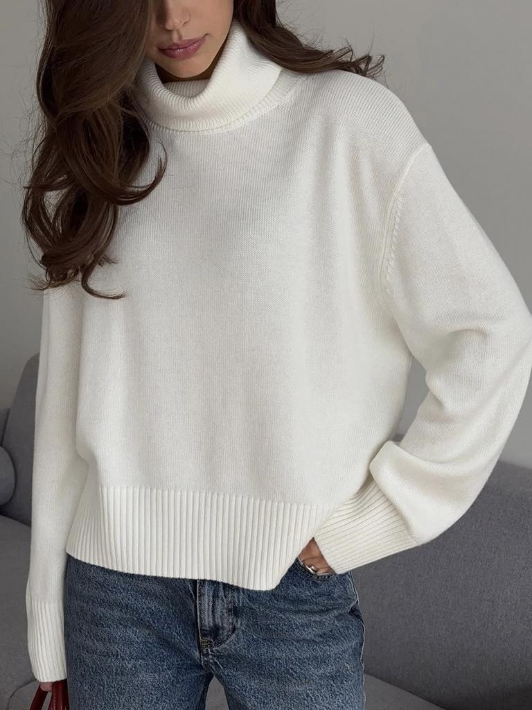 Women's White Ribbed High Neck Relaxed Fit Long Sleeve Sweater