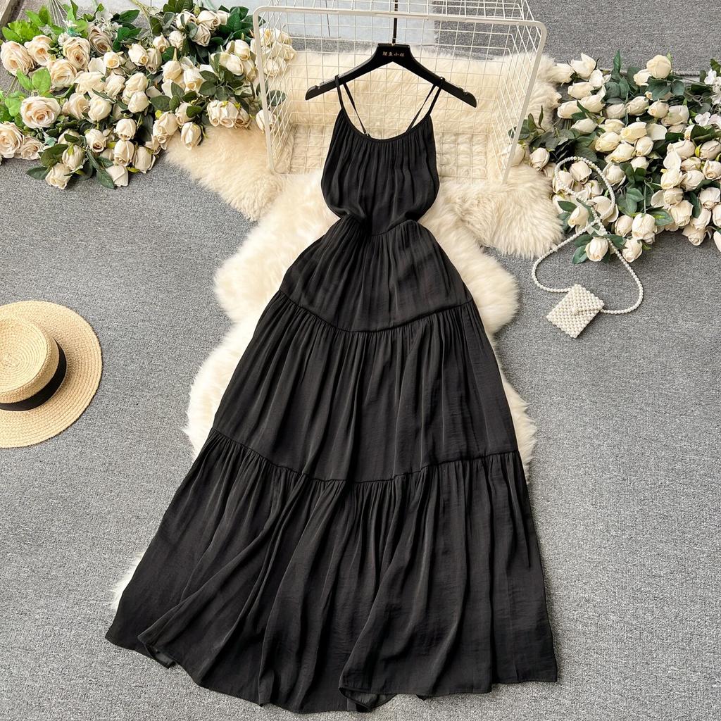 Sexy Backless Sling Skirts High Sense Vacation Wear Waist Hugging Slimming Mopping Floor Long dress Seaside Beach dress