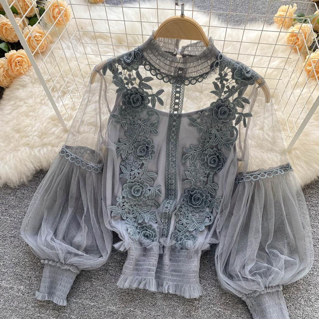 Danmo  Korean Style Chic Sexy Lace Blouse Women Long Lantern Sleeve Shirt Floral Elegant Mesh Blusas