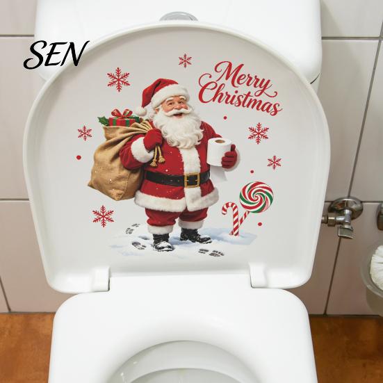 Waterproof Bathroom Wall Decals Christmas Toilet Stickers, Funny Santa Claus Lid Tank Seat Decals, Gift for Cistern Self-Adhesive Sticker, Cute