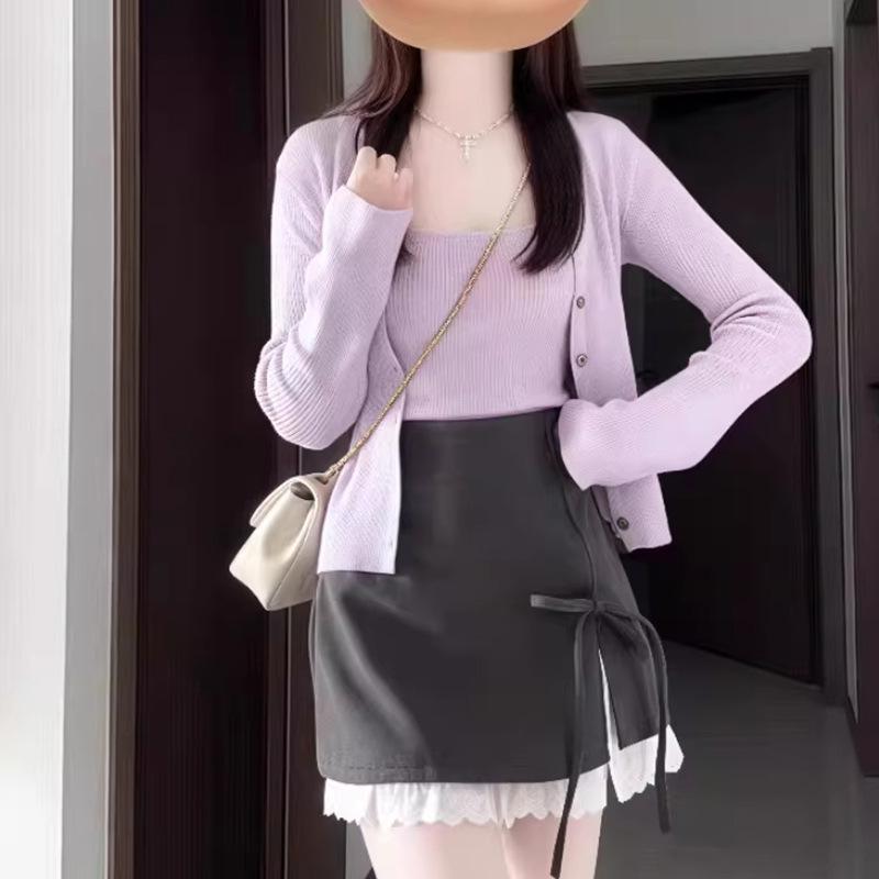 2026 Taro Purple Women's Square Neck Long Sleeve Cardigan & Camisole Two-Piece Set