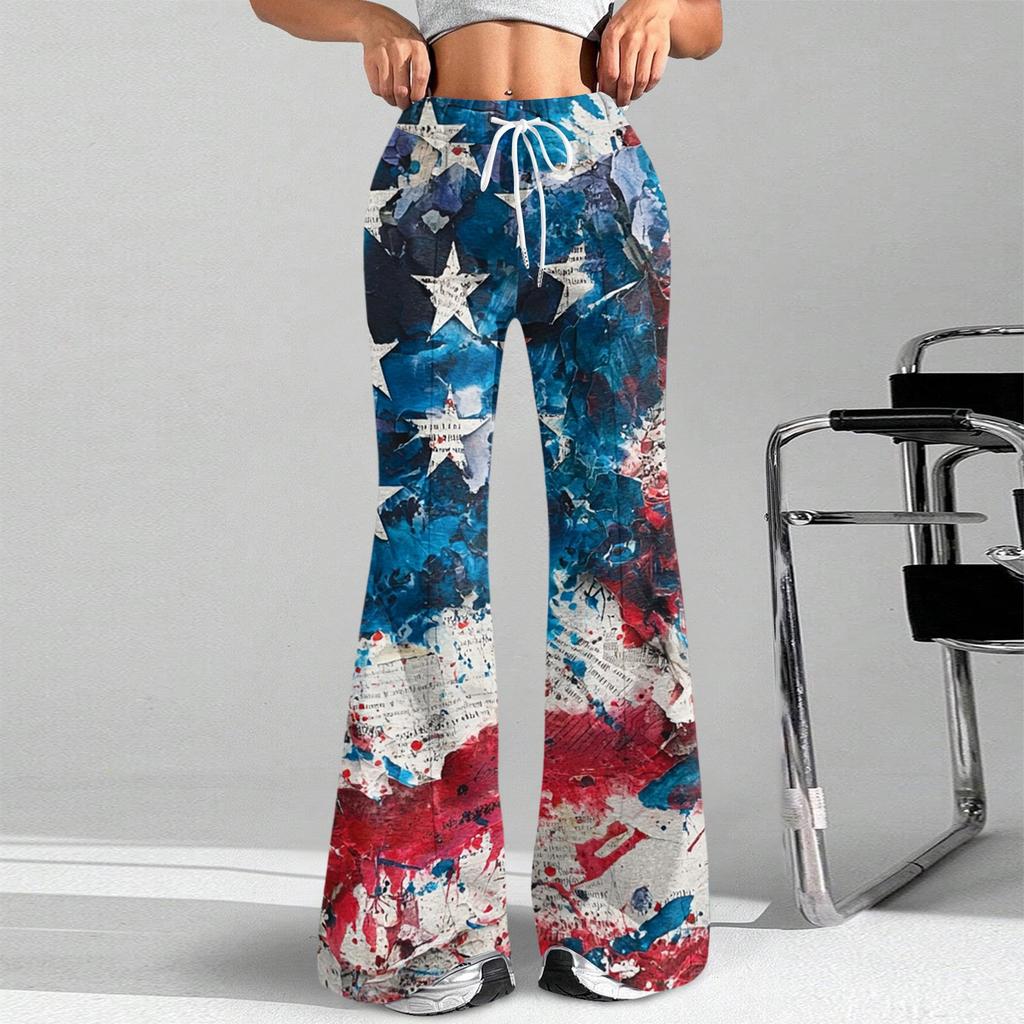 Women's Fashion Loose Drawstring Tight Waist Independence Day Printed Casual Sports Pants Casual Flared Pants
