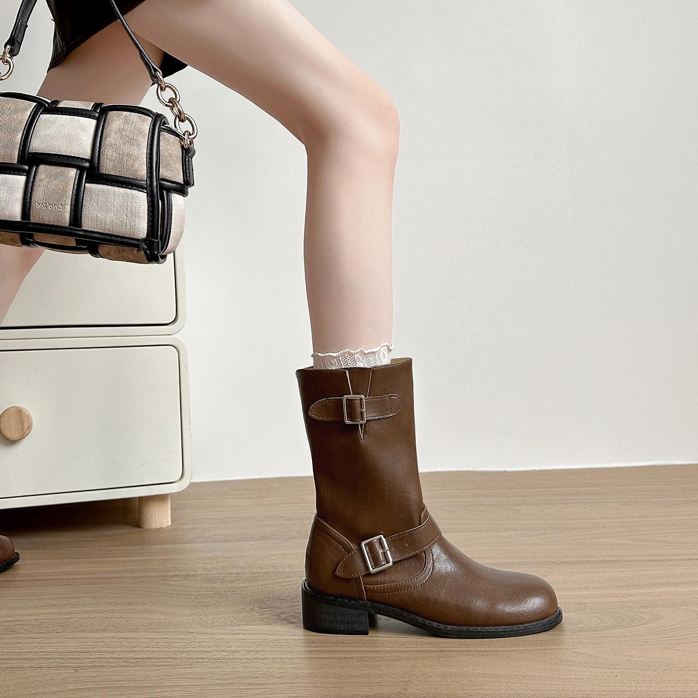 

Vintage Round Head Belt Buckle Small Thick Heel Martin Boots Spice Girl Maillard Versatile Western Cowboy Boots 35 коричневый