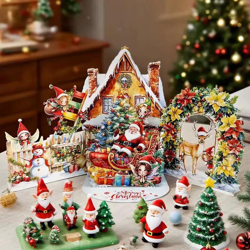 3D vánoční přání Scéna Noci před Vánocemi se Santou, soby, zasněženou vesnicí a měsíčním nebem Slavnostní sváteční přání F