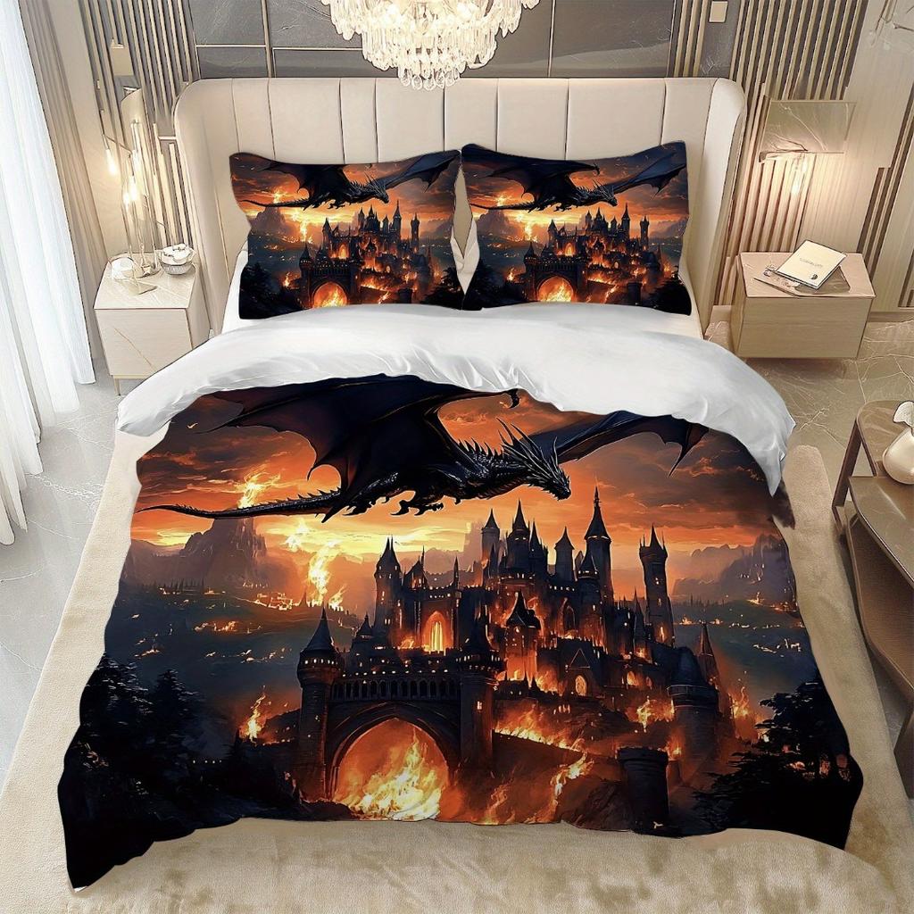 3pcs Spitfire Dragon Castle 3D Printed Bedding Set Comfortable Duvet Cover King Queen Twin Size Birthday Gift Bedroom Decoration