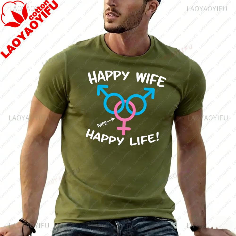 Funny Happy Wife Happy Life Swinger MFM Threesome Swinger Lifestyle Design Printed T-shirt Tees SweatunisexCotton Clothing