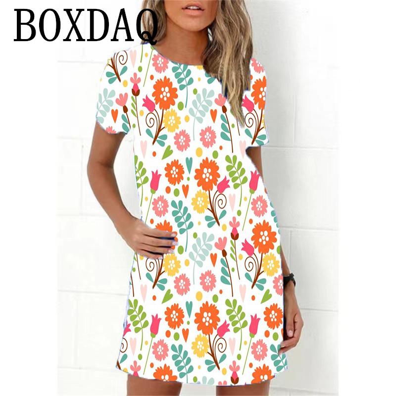Blue Flower Print Women Dress Elegant Sweet Casual Short Sleeve Loose A-Line Dress Oversized Summer Beach Dress Female Sundress