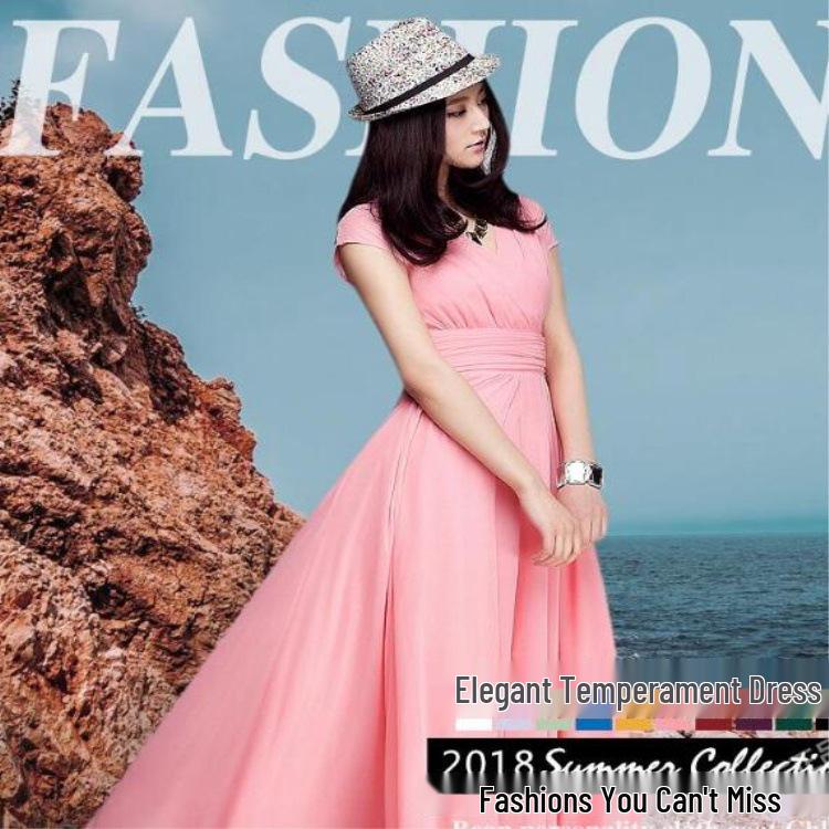 

Богемное вечернее платье из шифона с V-образным вырезом и короткими рукавами, с дизайном, подчеркивающим талию XL розовый