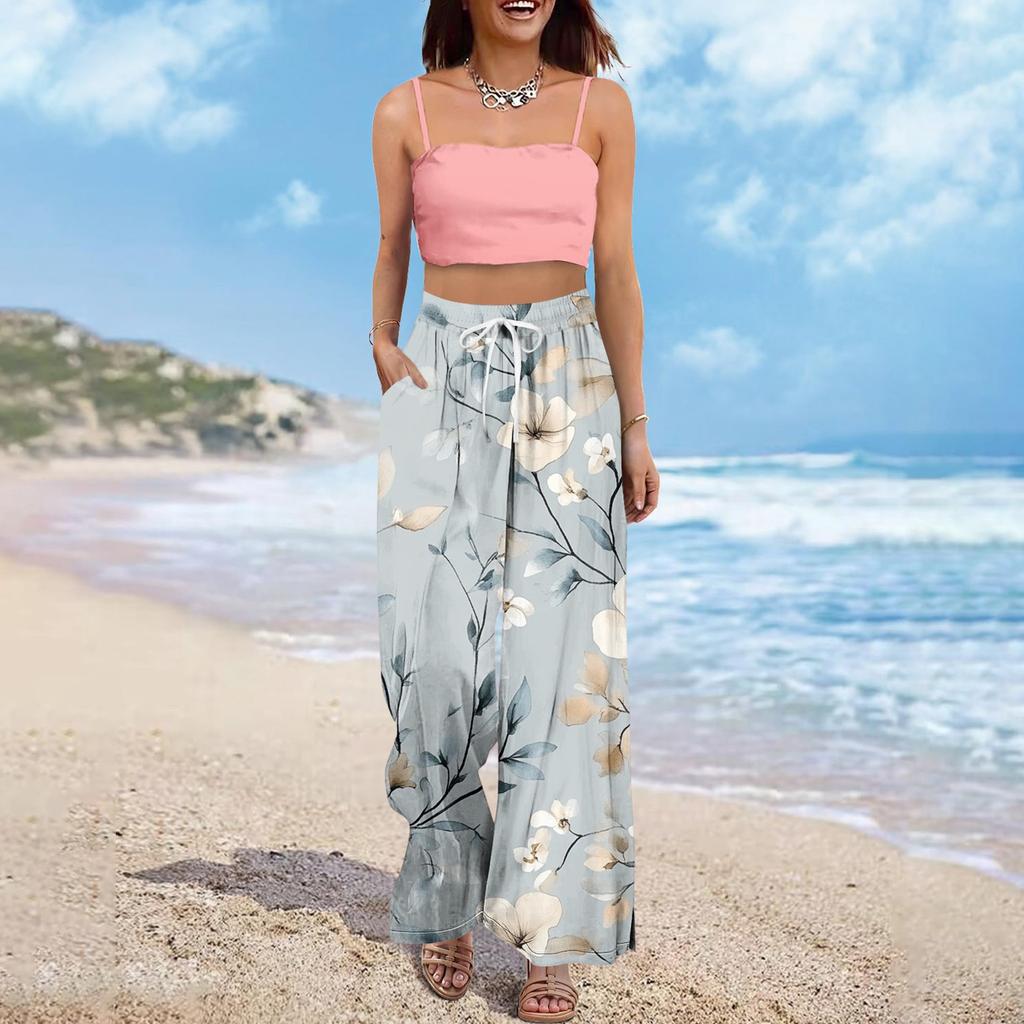 Women's Wide Leg Pants With Elastic Waistband Printing Large Pockets Patchwork Edge, Loose Pants