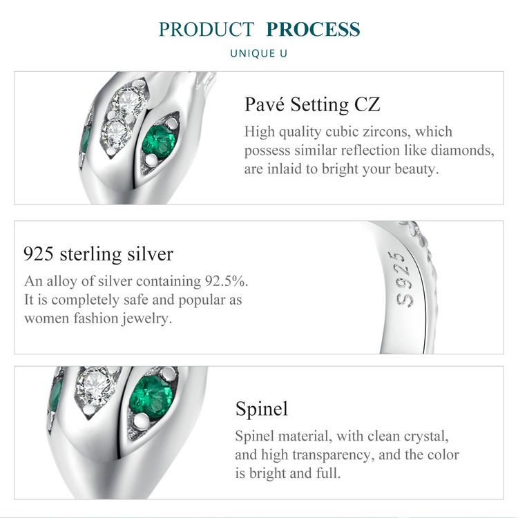 BAMOER 925 Sterling Silver Spinel Serpe Inel reglabil Snake Solzi Inel de deschidere Placat cu platina Bijuterii fine pentru femei