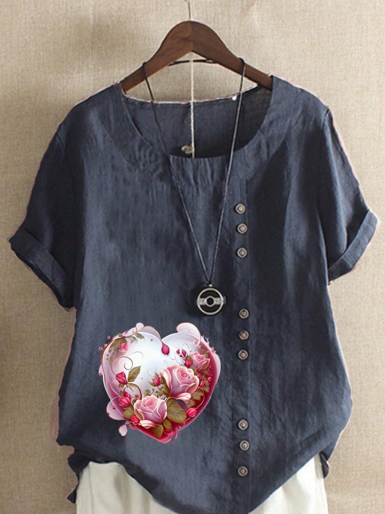 Women's Fashion Love Shaped Pattern Print Shot Sleeve T-shirt Loose Cotton Shirt Casual Loose Summer Plus Size Blouse Tops