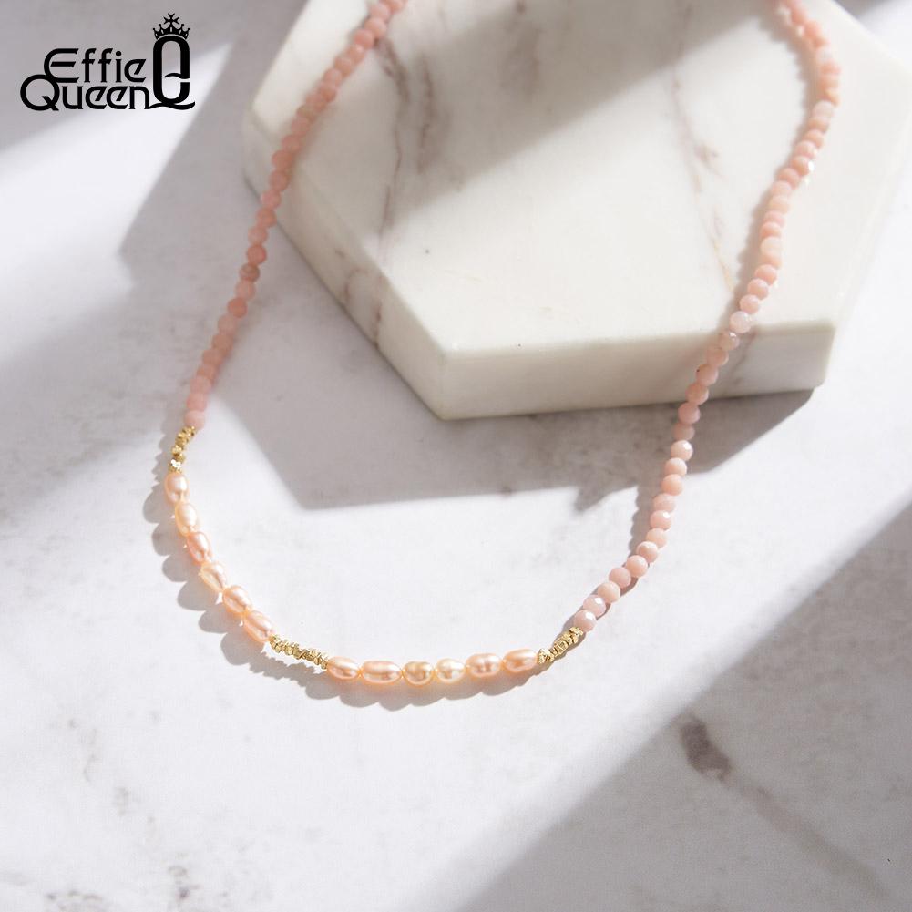 EFFIE QUEEN 925 Sterling Silver 14K Gold Choker Necklace Natural Freshwater Pearl With Pink Opal Natural Stone Series Gift MPN05