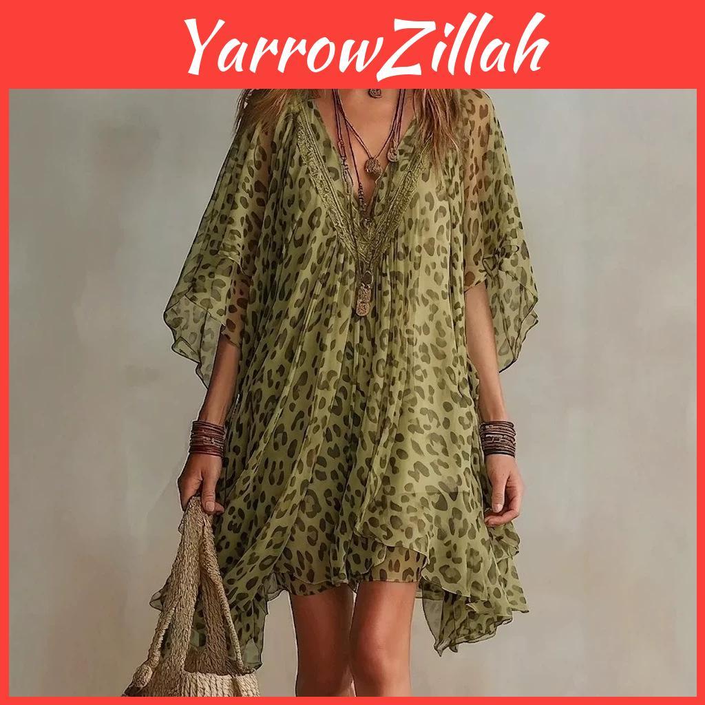 Leopard Print Summer Dress For Women With V Neck Chiffon Beach Coverup For Vacation