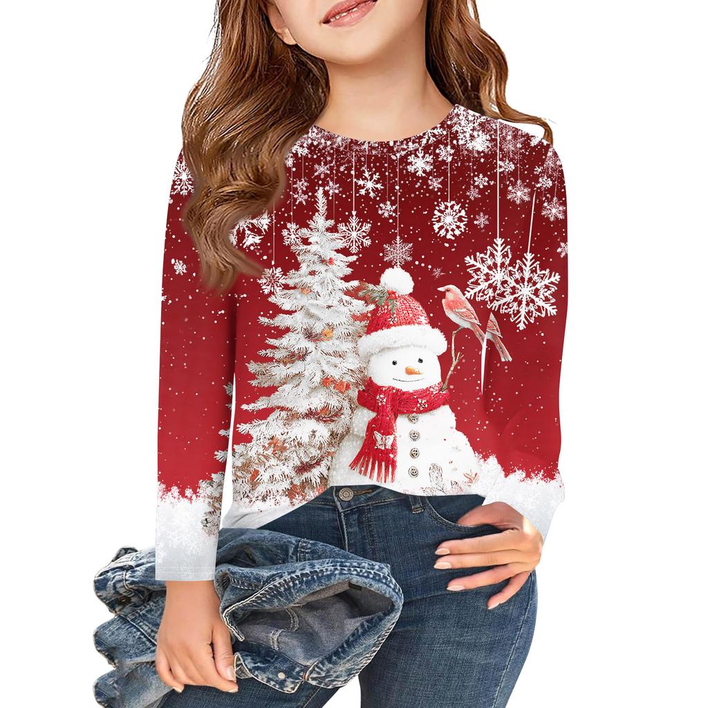 Christmas Day Girls Long Sleeve T Shirts Kids Fall Tops Crewneck Printed Basic Tees