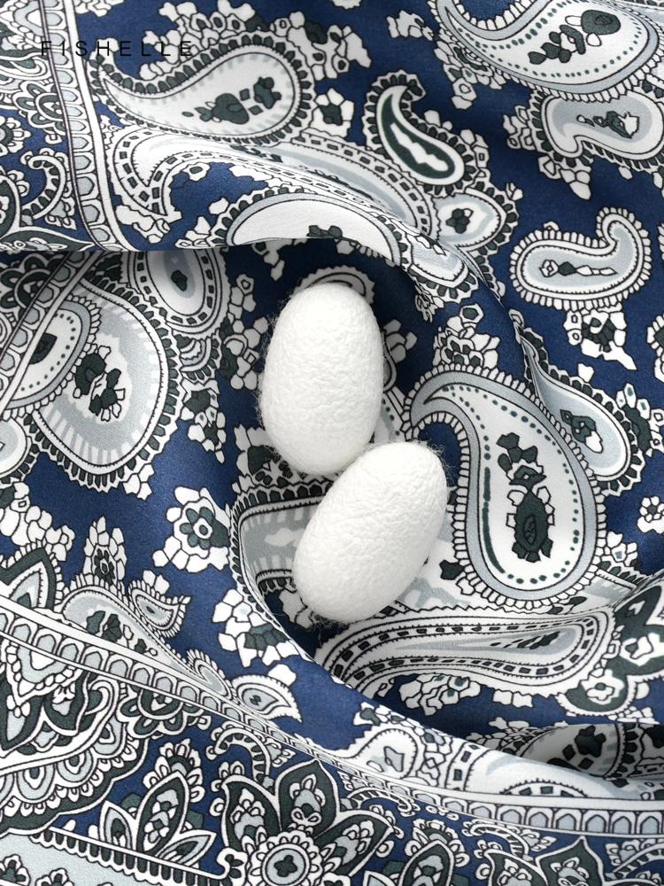 Grey Blue Paisley 100% Natural Silk  Scarf Wrap Kerchief Hijab Shawl Luxury Women Men Gift Headband Satin 65cm Neckerchief