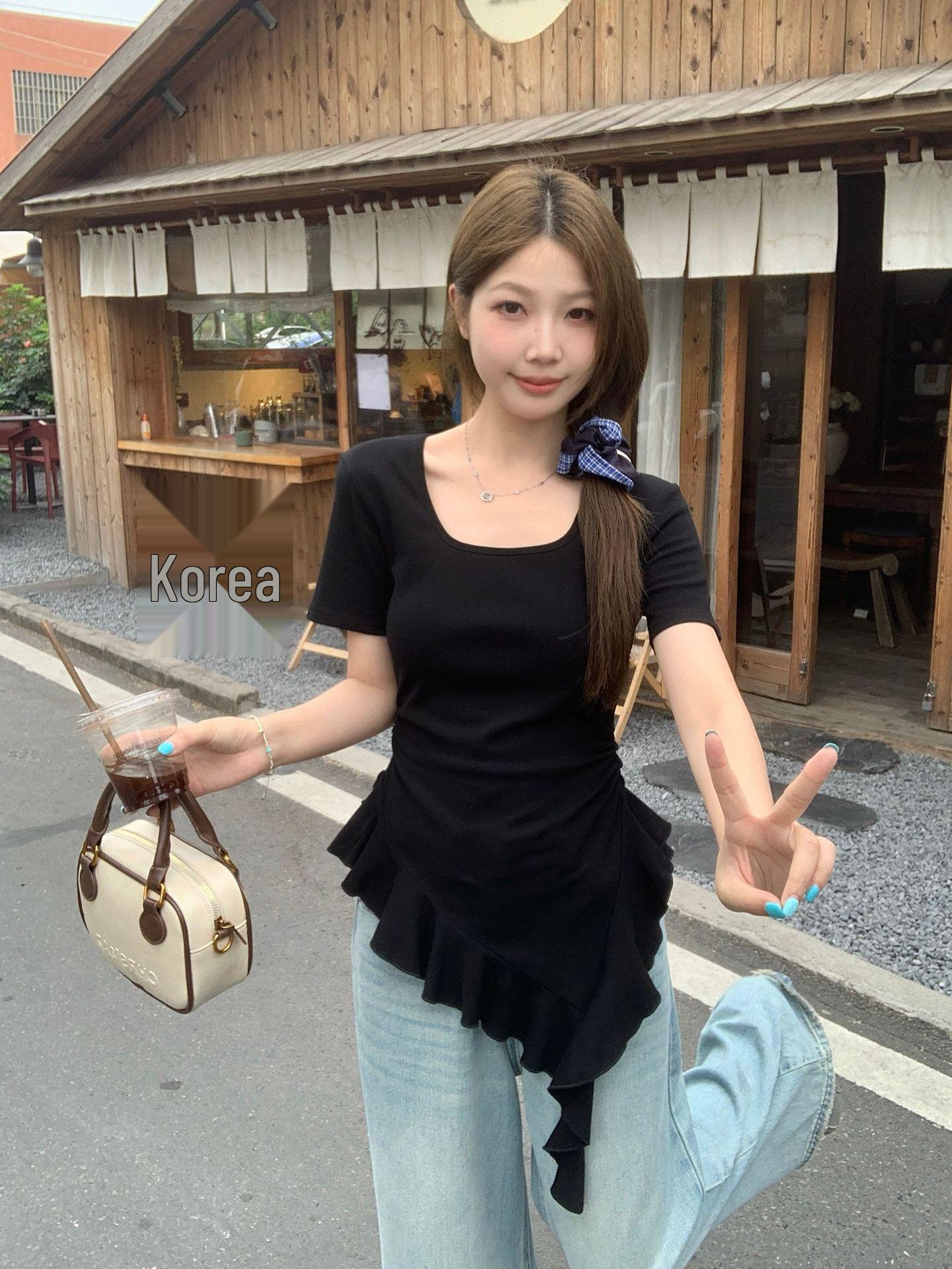 

Plus Size Summer Irregular Ruffle Hem Short Sleeve Slimming T-shirt L чорний