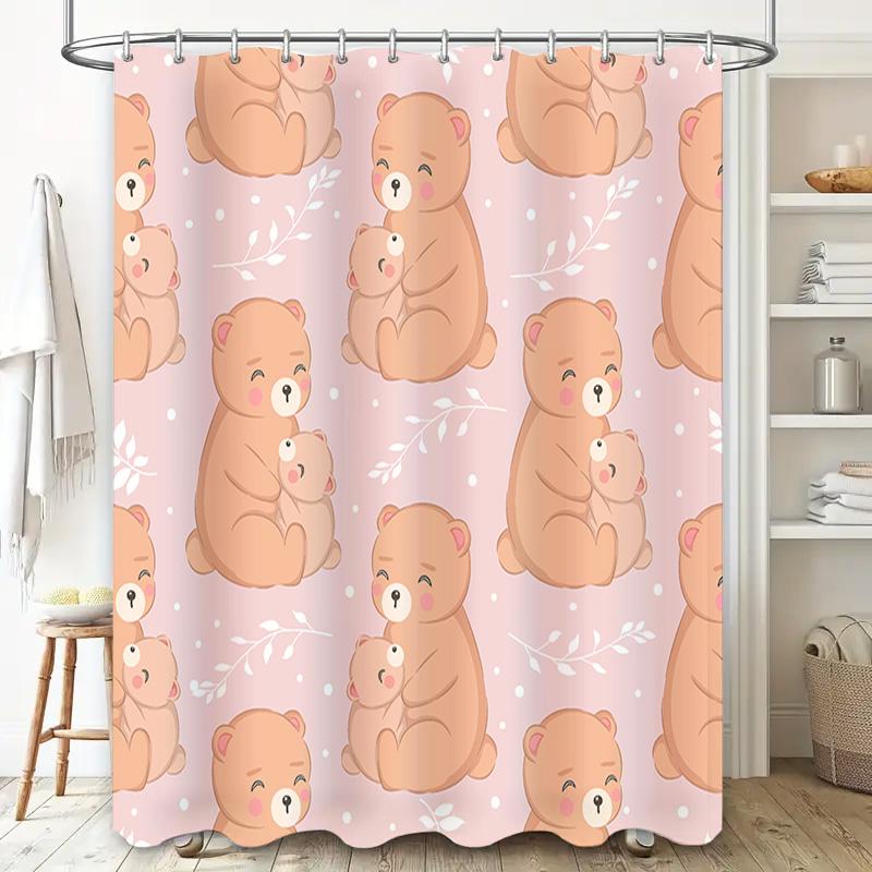 Kawaii Bear Pattern Shower Curtain For Bathroom Decor Home Decoration 3D Printing Waterproof Fabric Pink Color (One Size)