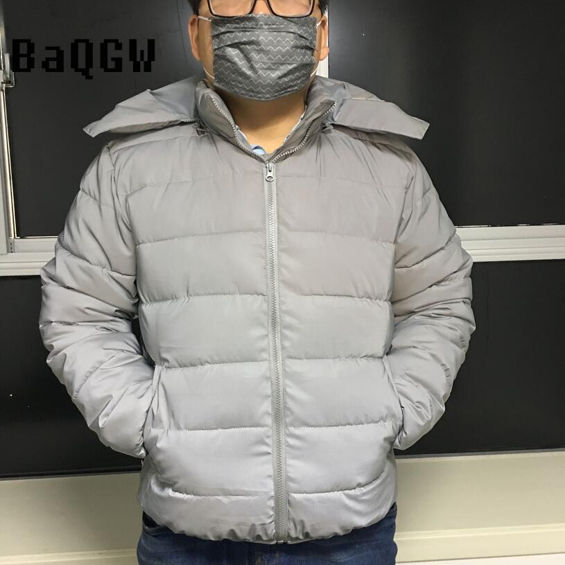 Wintermantel Herren Reflexionsparkas Einfarbig Kapuze Reißverschlusstasche Dick Warm Outdoor Sport Lässig Mode Herren Baumwolljacke