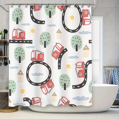 Playful Kids Bath Curtain Children's Shower Curtains Decorative with Red Tractor Tree Pattern Washable Fabric for Bathroom Perfe