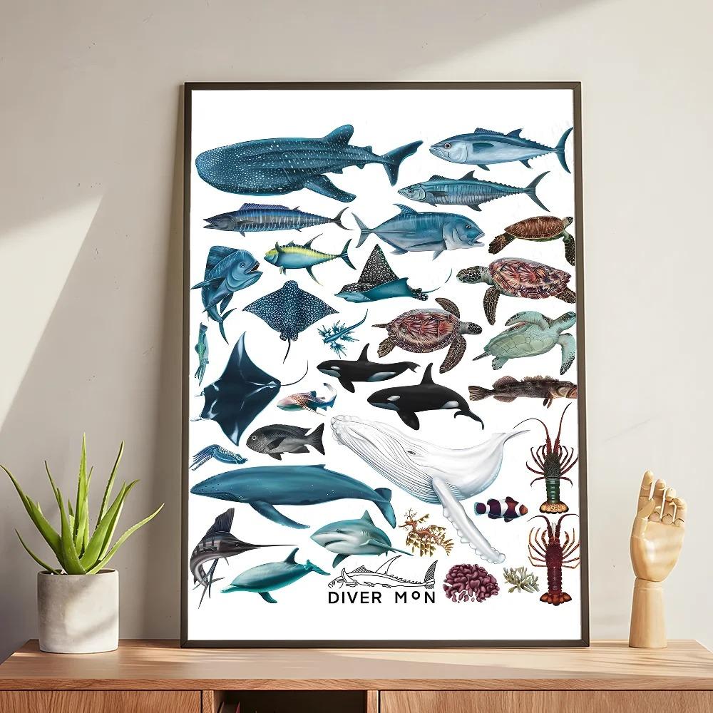 Whale and Shark Seashells Turtles Octopus Fish Marine Life Ocean Animals Poster and Print Canvas Painting  Wall Art Home Living Room