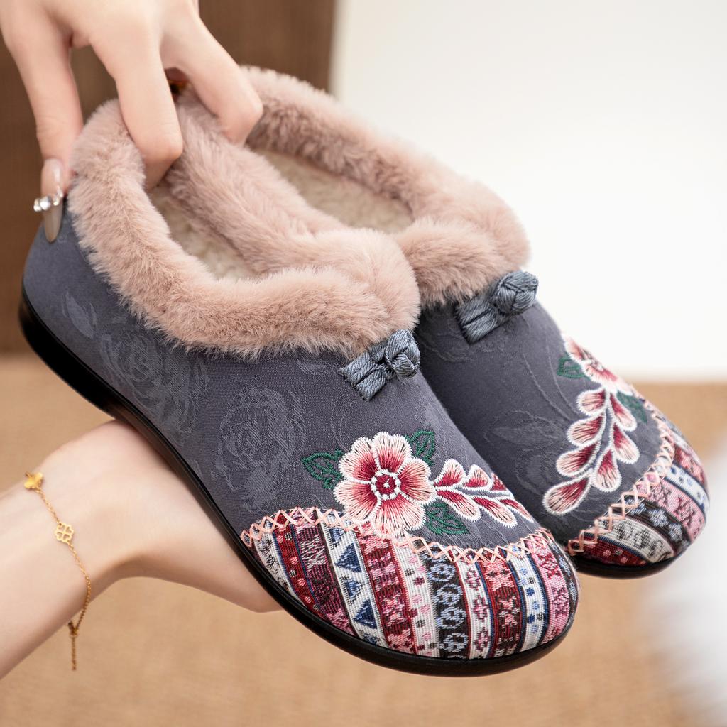 Women's Plus Size Embroidered Winter Warm Fur-Lined Snow Boots with Fleece Lining, Ankle Boots, Slip-Resistant Hiking Boots