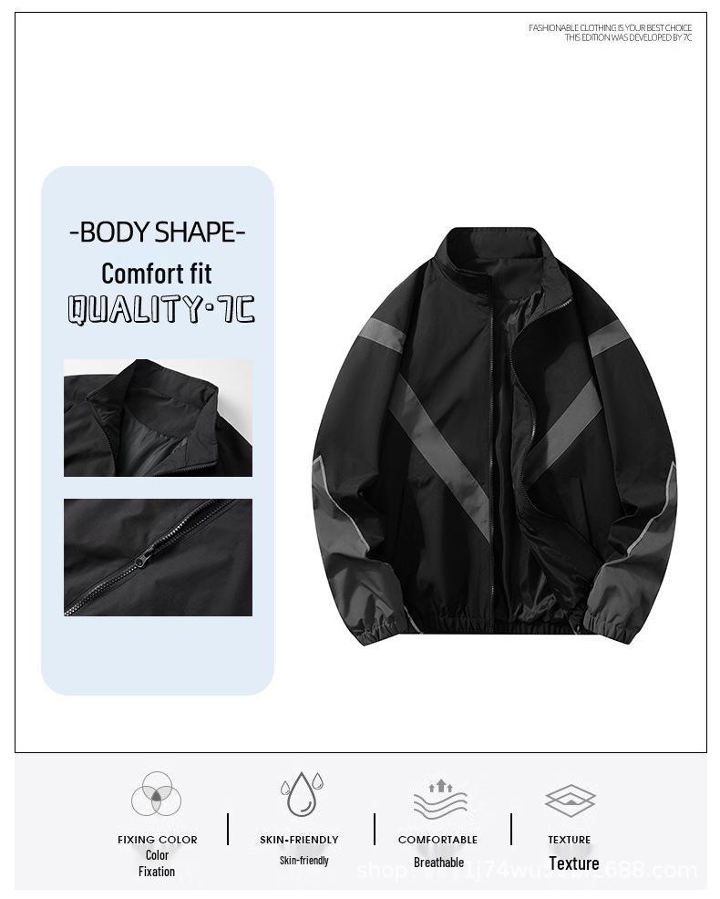 Men's Spring & Autumn Color-Block Sports Jacket with Reflective Strips - Casual Stand-Up Collar.