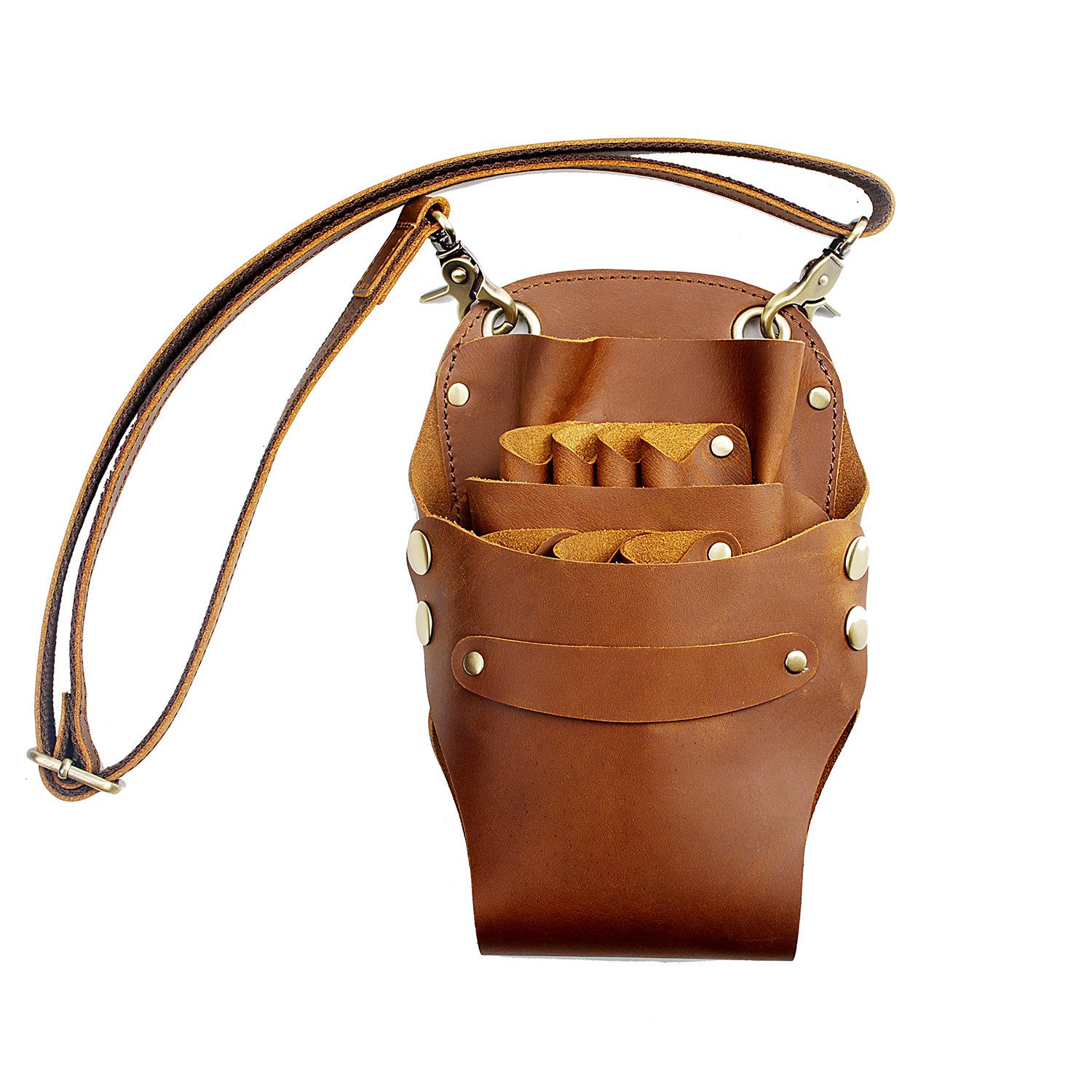 

Crazy Horse Leather Scissor Bag Hairstylist Special Scissor Tool Storage Leather Case Hairdresser Multi-functional Real Cowhide Fanny Pack коричневий