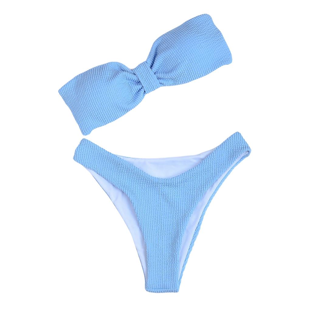 Dam Texturerad Bandeau Bikini Set Hög Midja Trosa Tvådelad Baddräkt Strandkläder Badkläder för Sommar Poolfest