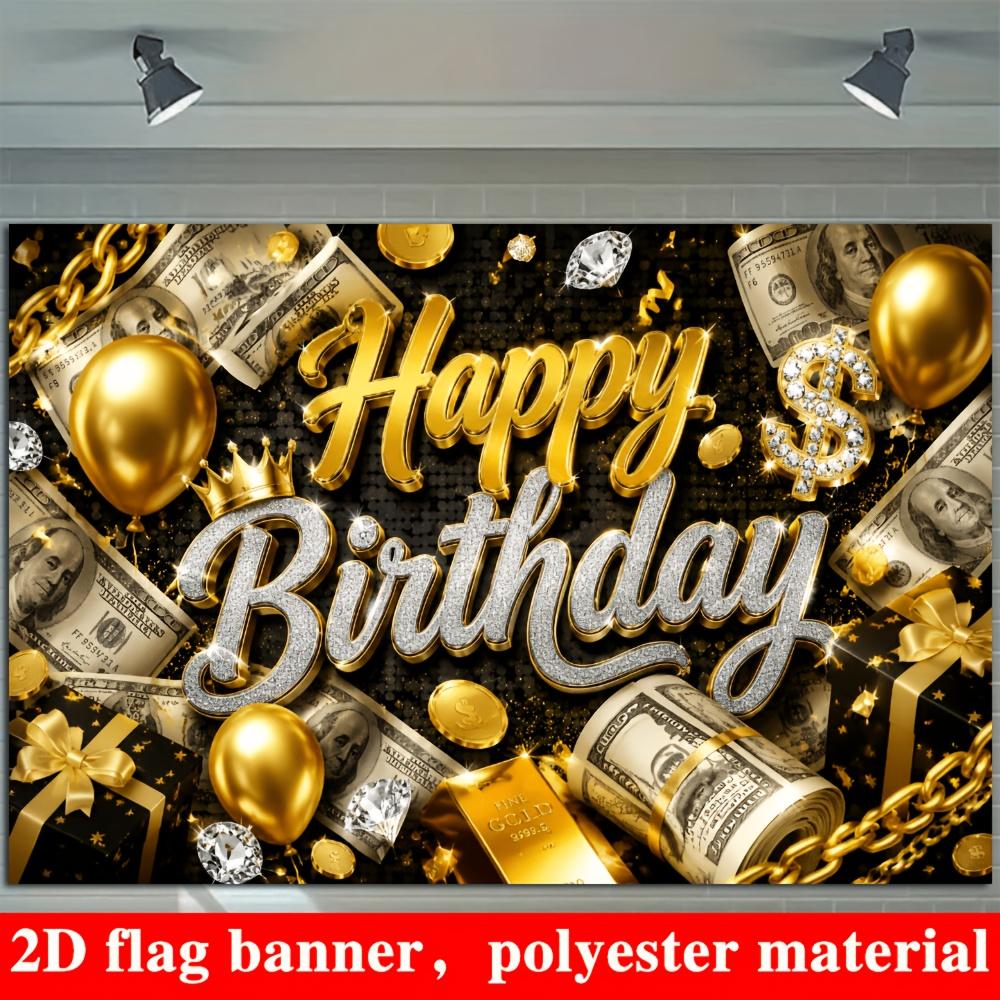 Black Gold Luxury Birthday Party Backdrop Banner, Cash Gold Bars Balloons Diamond Gift Photo Background, Polyester Indoor Outdoor Wall Decor