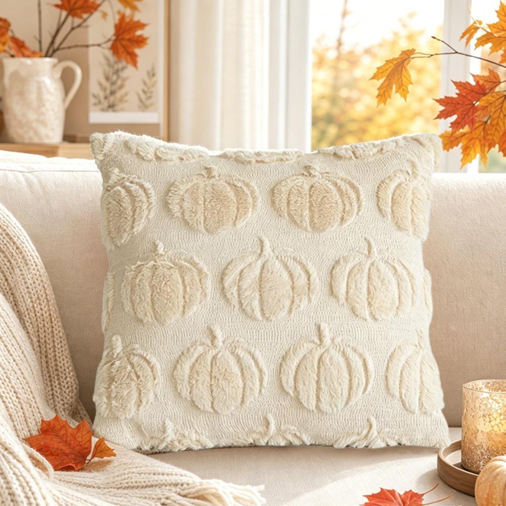 Pumpkin Pattern Throw Pillow Covers 18x18 Inches Faux Wool Cushions Fall Festival Decor A Beige