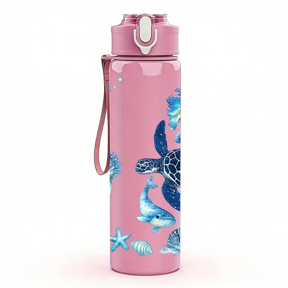 1PC Jellyfish Turtle Ocean Animal Print 750ml Color Plastic Sports Water Bottle Leakproof Flip Straw Lid Suitable for Sports Office Home Use