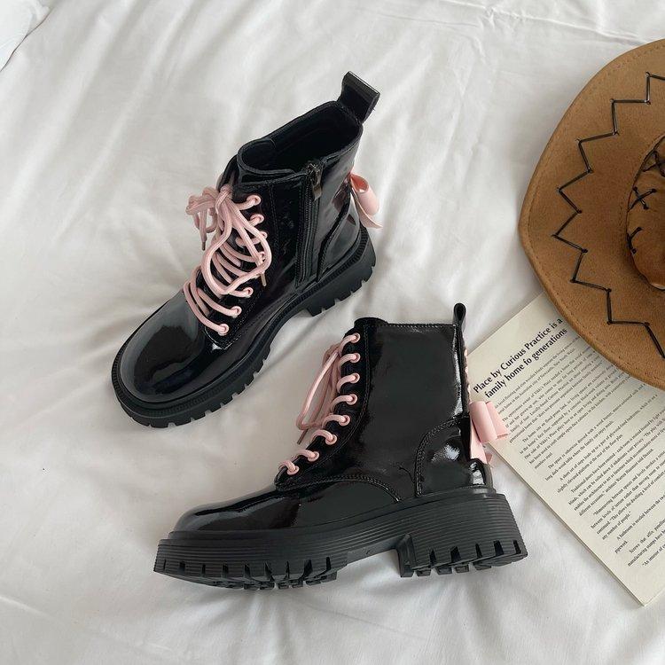 Fashion Punk Chunky Platform Motorcycle Boots Women Fashion Bowknot Lace-up Thick Bottom Ankle Boots Woman Autumn Winter Gothic Shoes
