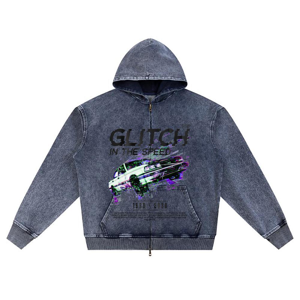 

DTG print Knitted Denim Zip-Up Hoodie Glitch in the Speed Brother Print Zipper Hoodies XL темно-синий