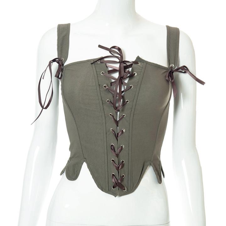 Women's Summer Lace-Up Fishbone Waist Cincher Sleeveless Slim Top - European & American Style