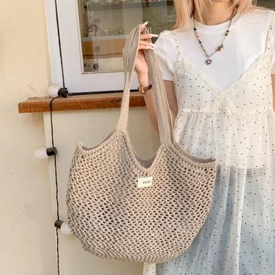New Summer Dopamine Solid Color Mesh Bag Vacation Papyrus Woven Hollow Portable Shoulder Bag