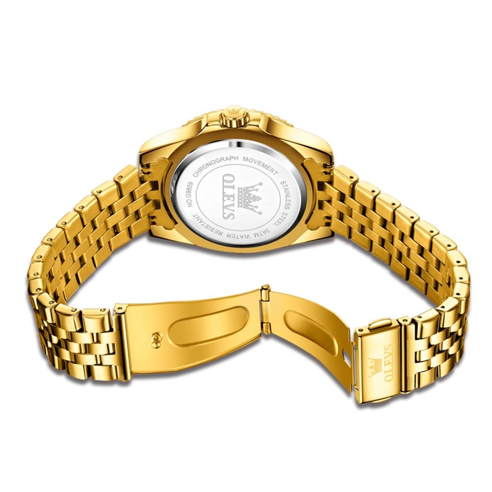 OLEVS Waterproof Quartz Analog Watch with Date Gold Stainless Steel Large Business Simple Stylish Popular Gold Watch for Men's Display, Band, Dial,