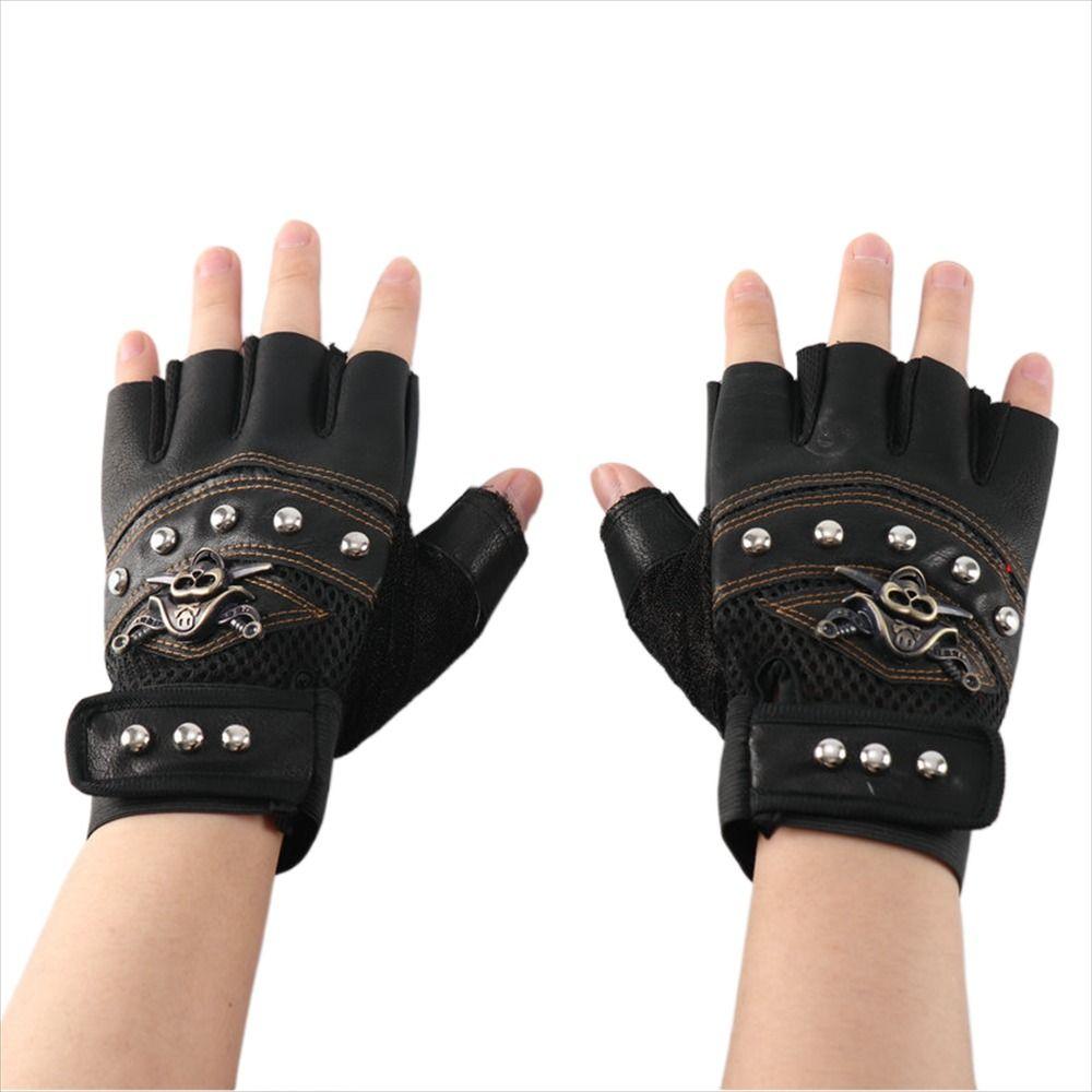 

Fingerless Punk PU Leather Half Finger Gloves Motorcycle Gloves Cycling Gloves Skulls Gloves чёрный