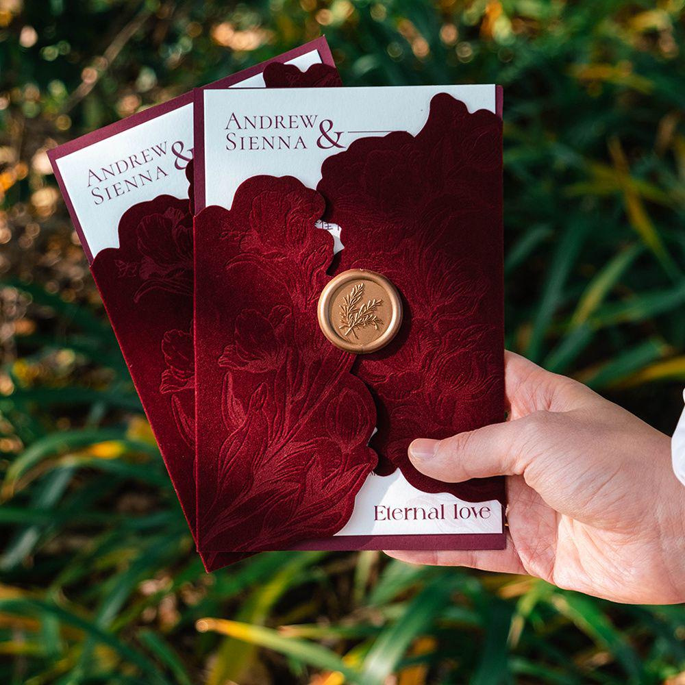 Luxury Velvet Claret Red French Wedding Invitation with Wax Seal Sample (1 set)