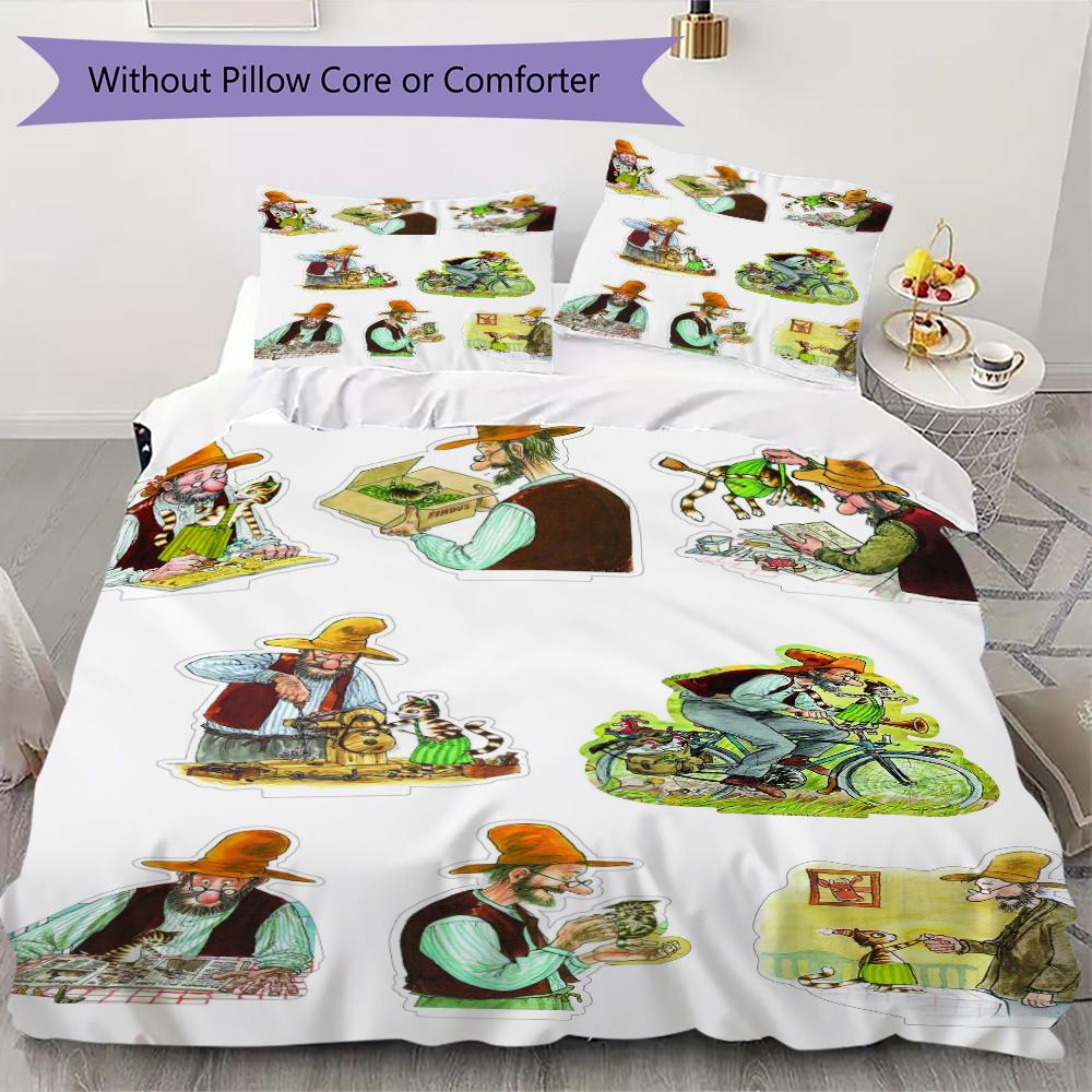 Pettson and Findus Pattern Bedding uilt Set uilt Cover Pillowcase Home Decoration Birthday Gift (1 * duvet cover + 2 * pillowcase without core)108 135x200cm