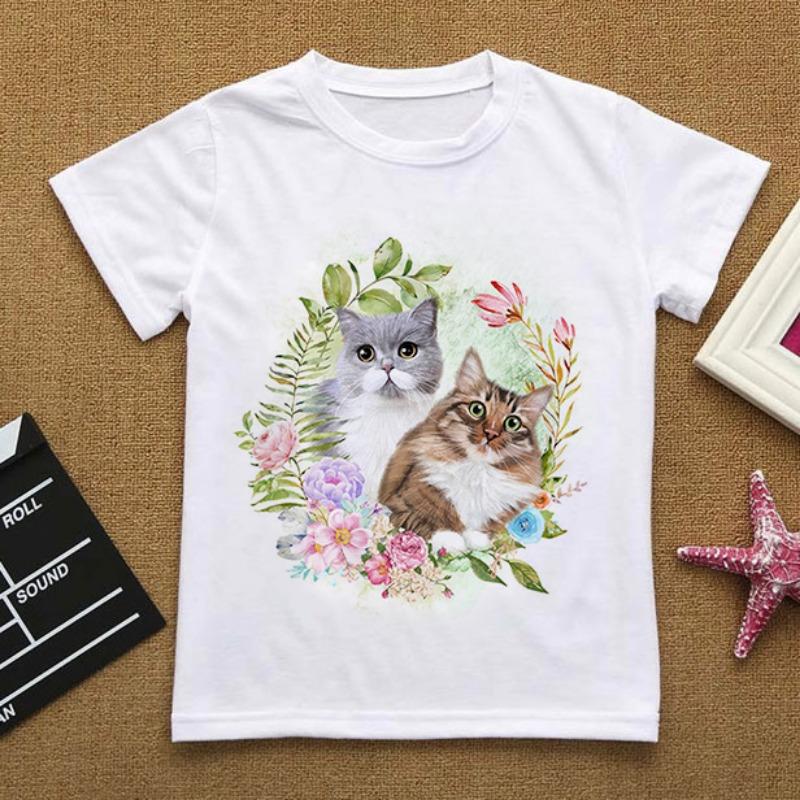 Flowers Summer Clothes Love You Cat CartoonsTShirt Baby Things For Girls Clothes For Boy T Shirt Kids Boy White Short Sleeve Top