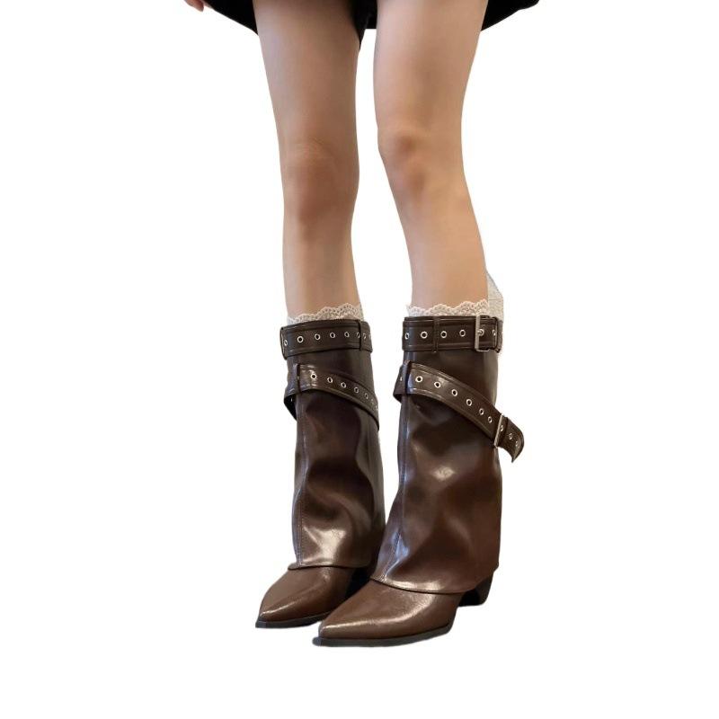 Maillard Babes Pants Boots Women's New Vintage Belt Buckle Pointed Suede Western Boots