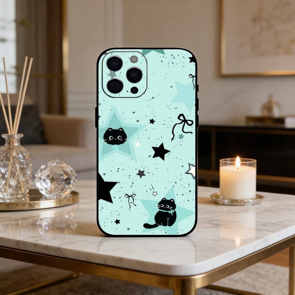 C-Cute cartoon star pattern Phone Case For iPhone 16,15,14,13,12,17,Pro Max,Plus Silicone Black Case