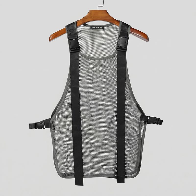 INCERUN Men Summer Sleeveless Mesh See Through Stitching Long Tank Tops