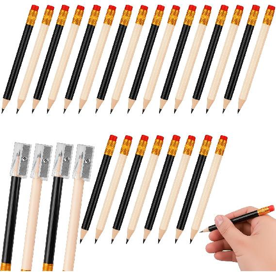 28 Pcs Golf Pencils Bulk - 24 Pre-Sharpened Mini Pencils (12 Black + 12 Natural Wood) with 4 Acrylic Sharpeners | Baby Shower Bridal Shower Pencil &