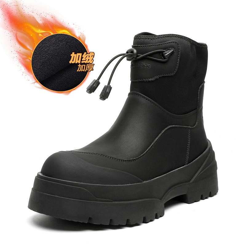 Winter Windproof Cotton Rain Boots Men Warm Ankle Fashion Black High-top Men Leather Big Head Platform Heightening Black Casual