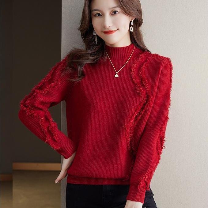 Half Turtleneck Sweater for Women Solid Color Tassel Pullover Fashionable and Casual Loose Knitted Sweater for Women In Autumn and Winter