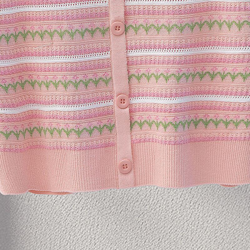 Women's V-Neck Striped Color-Block Short Sleeve Knit Top